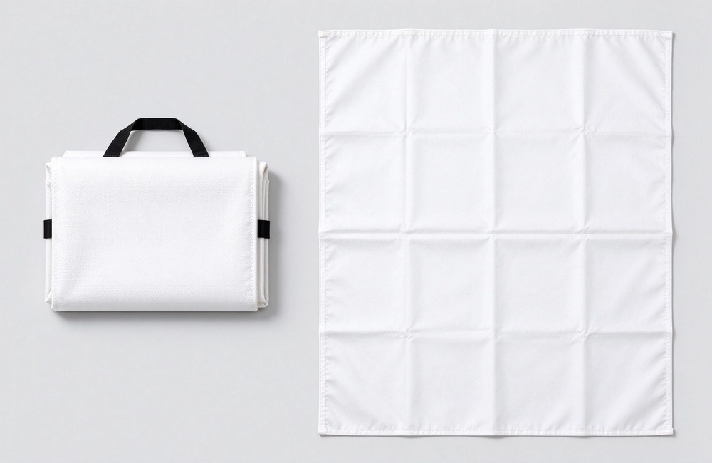 Product display on light gray background showing a small folded white fire blanket the size of a paperback book next to a fully opened large white blanket spread flat, demonstrating compact storage vs coverage