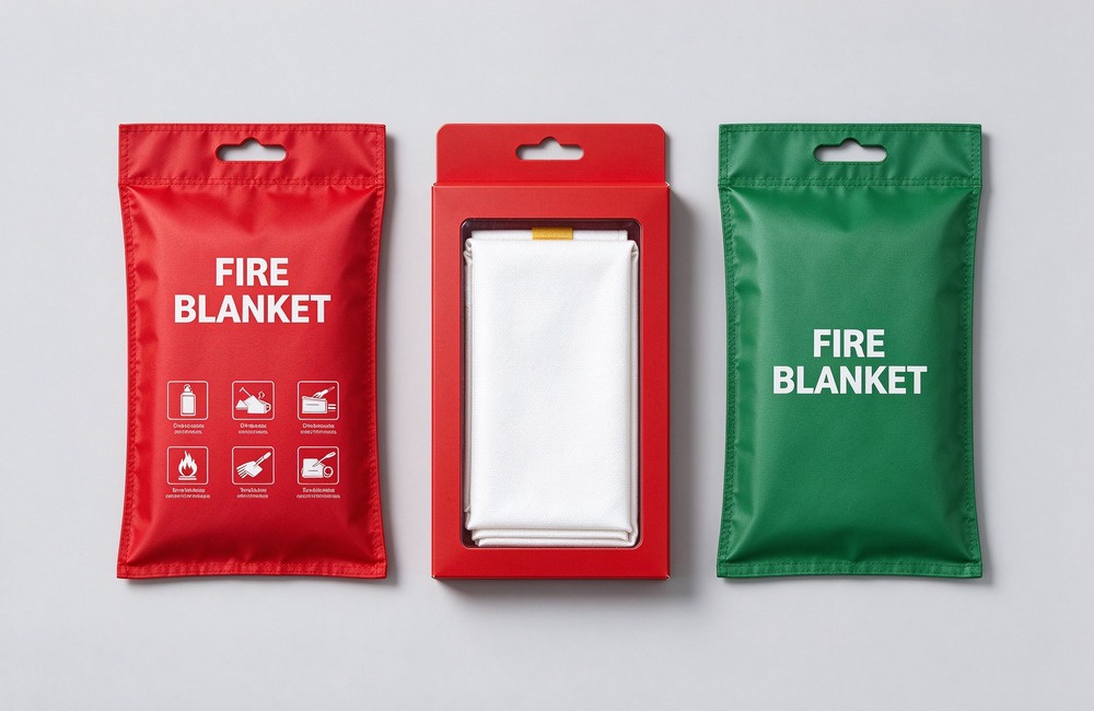 Studio arrangement on light gray background of three fire blanket packaging options, a soft red fabric pouch, a rigid white cardboard box with hang tab, and a folded open pouch showing white blanket inside