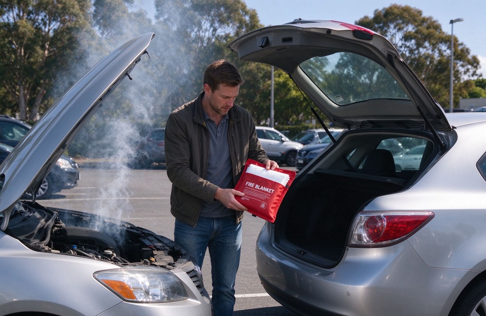 Outdoor daytime scene of a Western male driver opening a car trunk and pulling out a folded white fire blanket, light gray smoke rising from the open engine bay of a dark sedan, asphalt parking lot