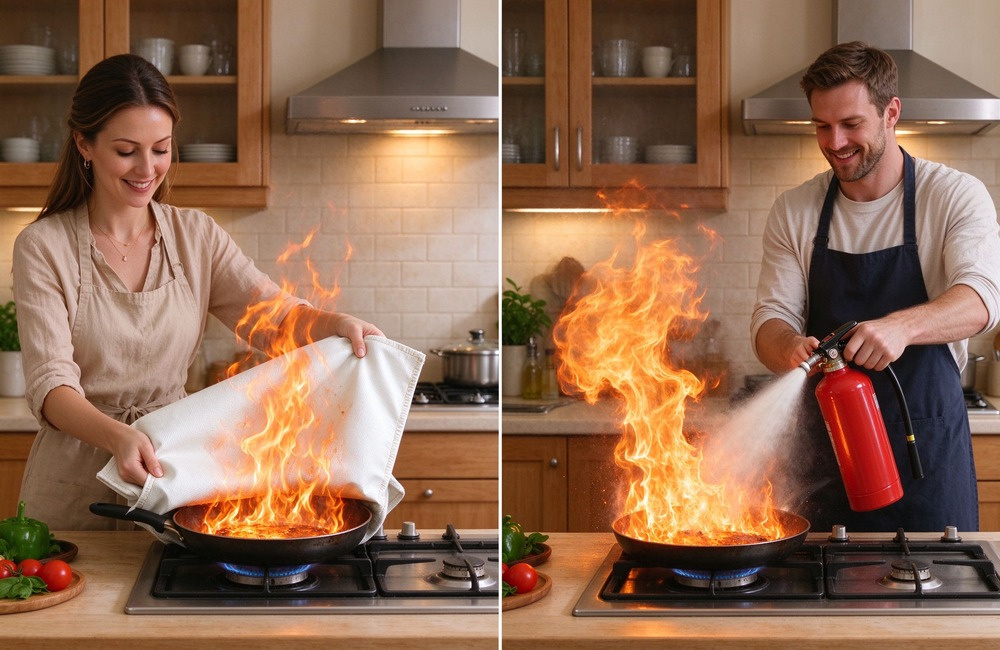 Side by side emergency action comparison, left side hands draping a white fire blanket over a small flaming pan, right side a hand holding a red extinguisher nozzle aimed at flames, split scene