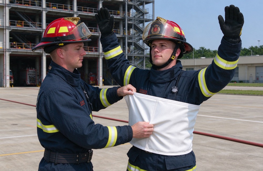 Outdoor fire drill on concrete apron, a Western firefighter in dark turnout gear wrapping a white fire blanket around another standing firefighter whose raised hands are visible, training tower in background