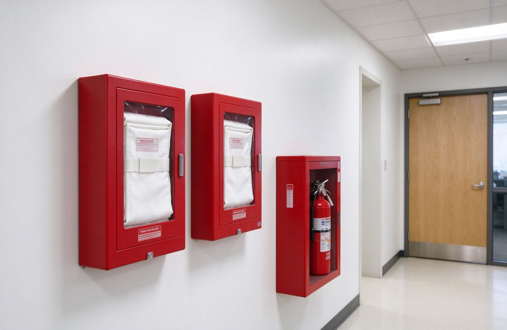 Bright indoor corridor wall with two red fire blanket pouches mounted at reachable height, one near a kitchen doorway and one by a fire exit, a red fire extinguisher cabinet visible beside them, clean institutional wall