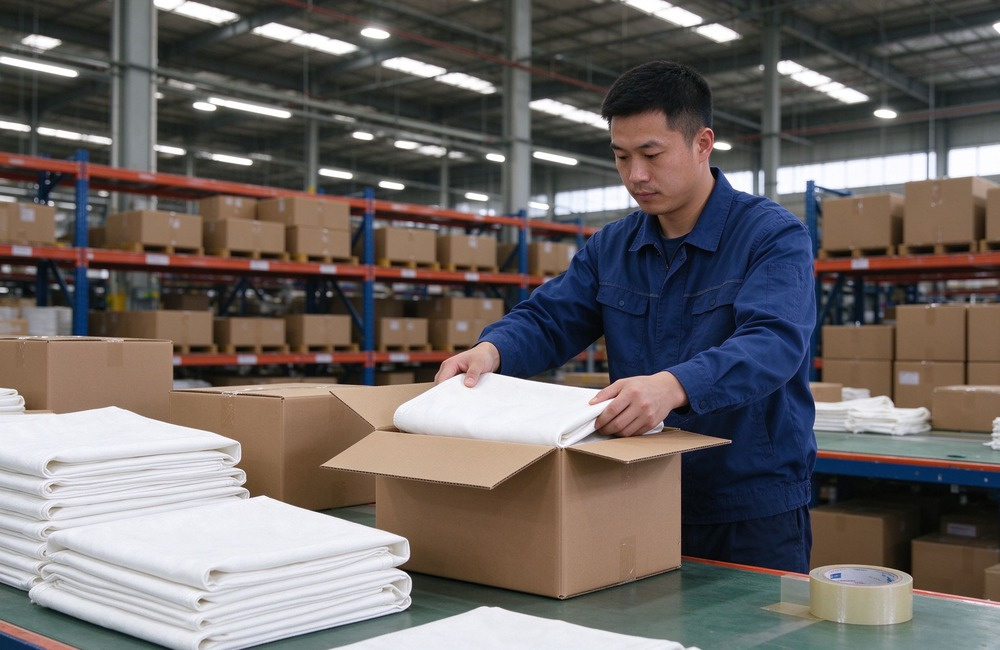 Bright warehouse packing station, an Asian male worker in blue work uniform placing folded white fire blankets into a brown export carton on a green bench, stacked white blankets and tape dispenser on table, shelving behind