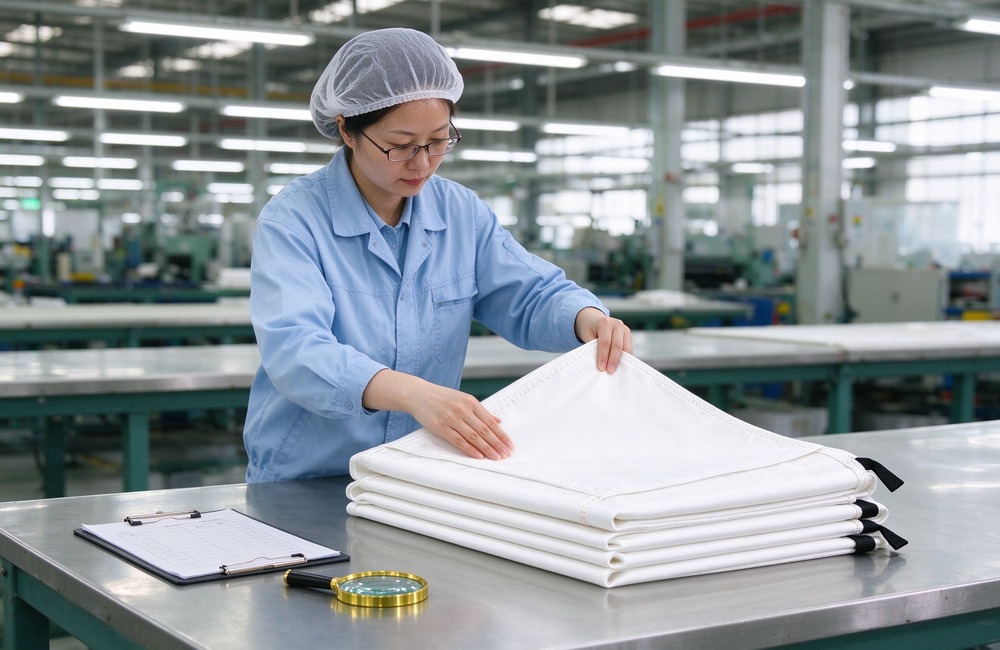Clean factory QC station, an Asian female inspector in blue uniform and hairnet examining folded white fire blankets stacked on a stainless steel table, clipboard and magnifying glass on the bench, bright production floor behind
