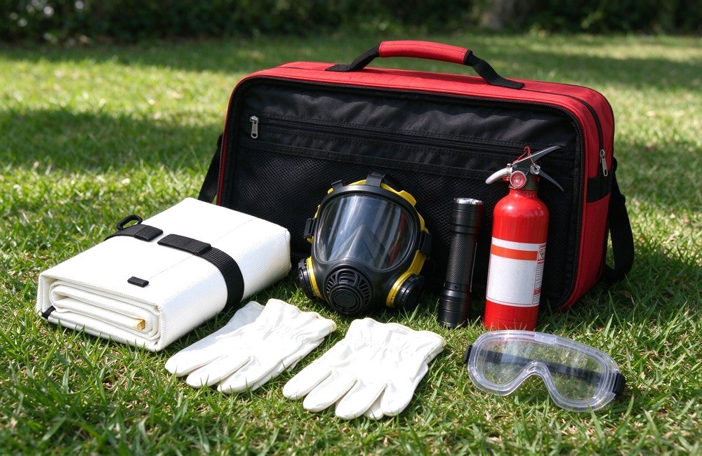 Outdoor grassy field emergency kit laid flat open, a folded white fire blanket placed alongside an N95 mask, work gloves, flashlight and whistle, daylight, organized preparedness display