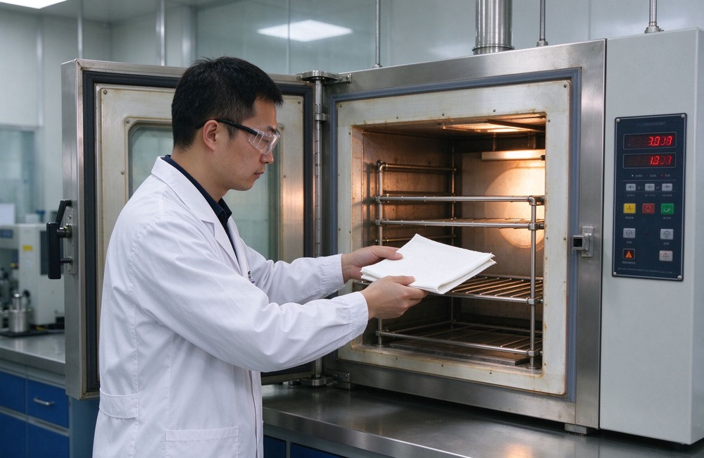 Clean laboratory, an Asian male technician in a white lab coat and safety goggles holding a folded white fire blanket sample toward an open industrial high temperature oven with digital readout panel, stainless steel lab bench