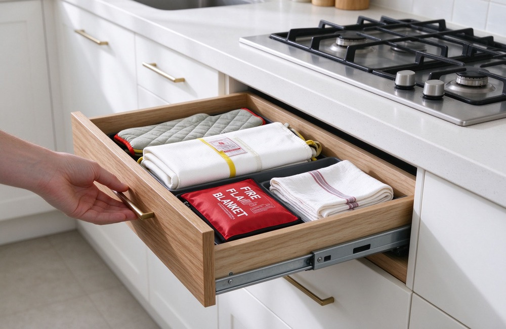 Bright modern kitchen drawer pulled open showing a compact folded red fire blanket pouch stored neatly beside oven mitts and a tea towel, white cabinetry and quartz countertop, everyday home scene