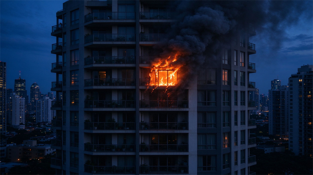 Dusk exterior view of a modern high rise residential tower with one upper floor window glowing orange flames and thick dark smoke billowing out, city skyline behind, deep blue twilight sky, cinematic high contrast lighting