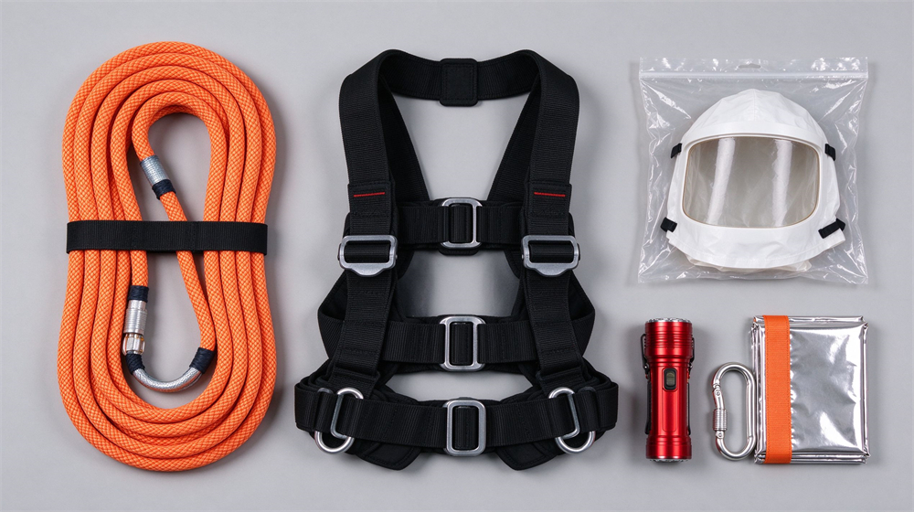 Top down flat lay on light gray studio background of a complete home high rise fire escape kit: orange coiled kernmantle rope, black full body harness, white smoke escape hood in clear pouch, red flashlight, carabiner and survival blanket