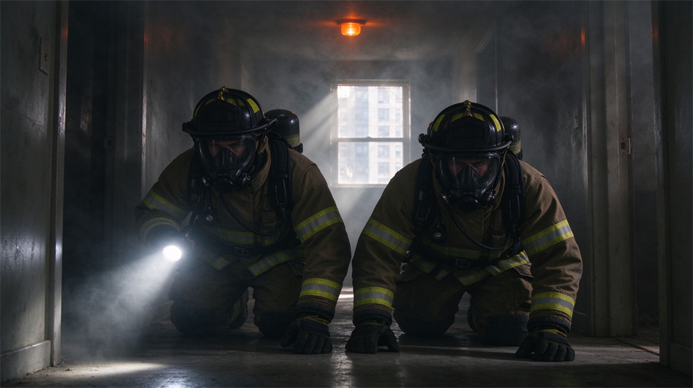 Interior shot of two Caucasian firefighters in brown turnout gear and SCBA masks crawling low through a smoke filled high rise hallway, one holding a flashlight beam, orange emergency light glowing, daylight from a window at the end Interior shot of two Caucasian firefighters in brown turnout gear and SCBA masks crawling low through a smoke filled high rise hallway, one holding a flashlight beam, orange emergency light glowing, daylight from a window at the end