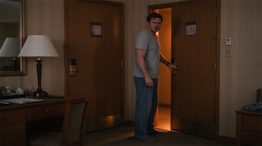 Cinematic interior of a Caucasian man in casual home wear inside a hotel room, carefully touching a closed wooden door with the back of his hand to test temperature, warm orange glow seeping under the door, worried expression Cinematic interior of a Caucasian man in casual home wear inside a hotel room, carefully touching a closed wooden door with the back of his hand to test temperature, warm orange glow seeping under the door, worried expression