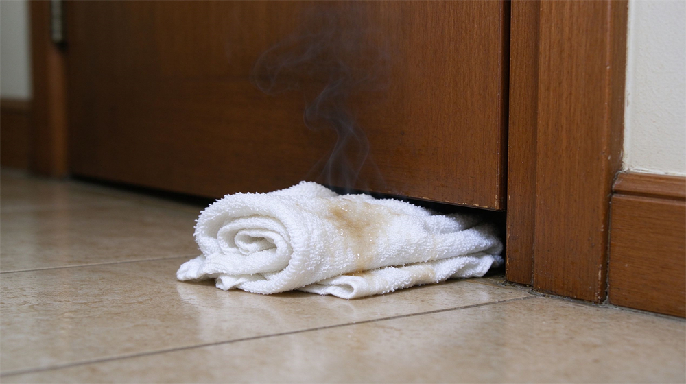 Close up detail of a rolled white wet cotton towel stuffed tightly into the bottom gap of a closed brown wooden apartment door, thin wisp of dark smoke being blocked, natural indoor light, shallow depth of field