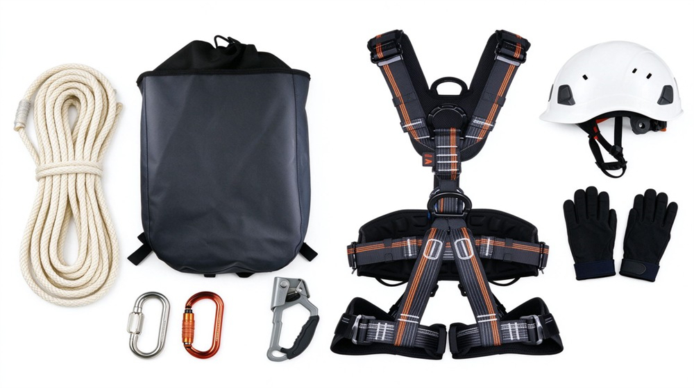 Studio layout on light gray background of a personal high rise escape kit: orange escape rope with figure eight descender, black full body harness, steel carabiners, and a small storage bag, clean product photography Studio layout on light gray background of a personal high rise escape kit: orange escape rope with figure eight descender, black full body harness, steel carabiners, and a small storage bag, clean product photography