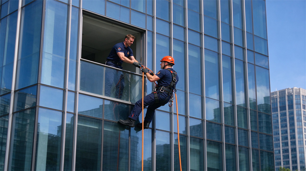 Outdoor daytime rescue at a high rise office glass curtain wall, one Caucasian male rescue worker in a harness and orange helmet on an orange escape rope rappelling from a balcony, another coworker holding the anchor, sky reflected in glass Outdoor daytime rescue at a high rise office glass curtain wall, one Caucasian male rescue worker in a harness and orange helmet on an orange escape rope rappelling from a balcony, another coworker holding the anchor, sky reflected in glass