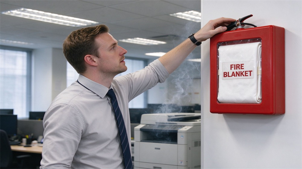 Office scene of a Caucasian office worker near a smoking overheated office printer, holding a red packaged fire blanket ready to use, modern open plan office, smoke rising from the equipment, daytime light Office scene of a Caucasian office worker near a smoking overheated office printer, holding a red packaged fire blanket ready to use, modern open plan office, smoke rising from the equipment, daytime light