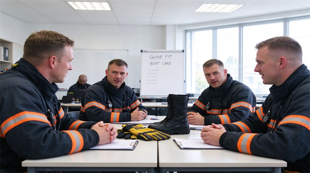 Bright community fire safety training classroom, an instructor demonstrating extinguisher and escape kit use to a mixed group of adult residents, training materials on tables, focused learning atmosphere