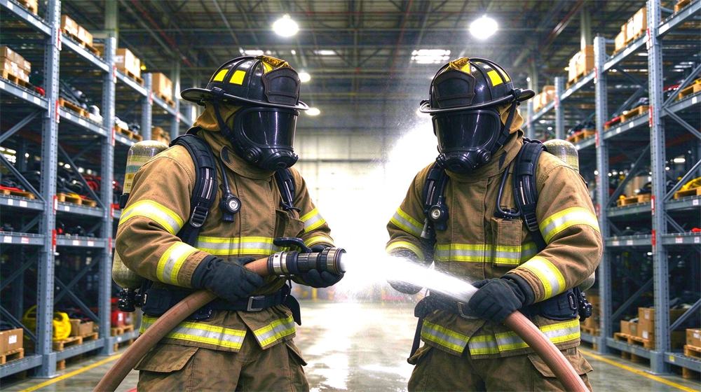 Two firefighters in full fire protective gear with breathing apparatus operate fire hose and spray water in warehouse Two firefighters in full fire protective gear with breathing apparatus operate fire hose and spray water in warehouse
