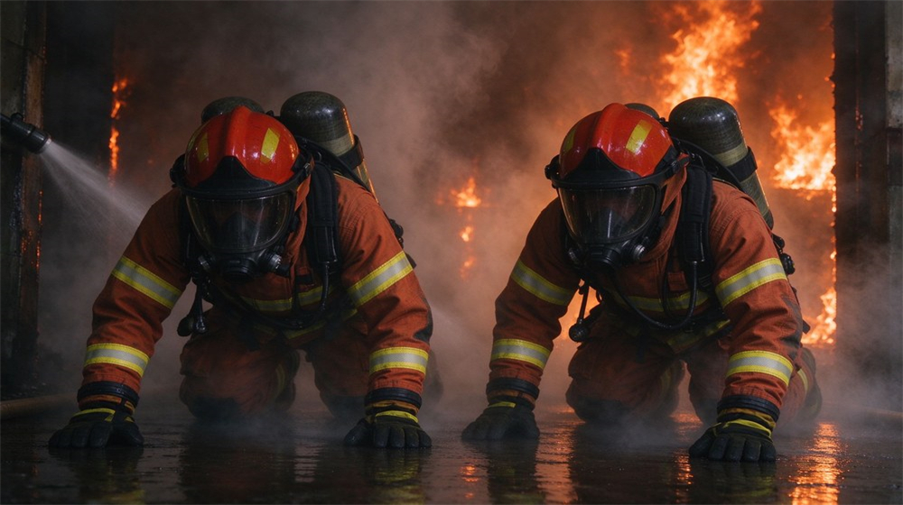 Two firefighters in orange fire suits with breathing apparatus crawl forward amid smoke and fire during fire rescue operation Two firefighters in orange fire suits with breathing apparatus crawl forward amid smoke and fire during fire rescue operation