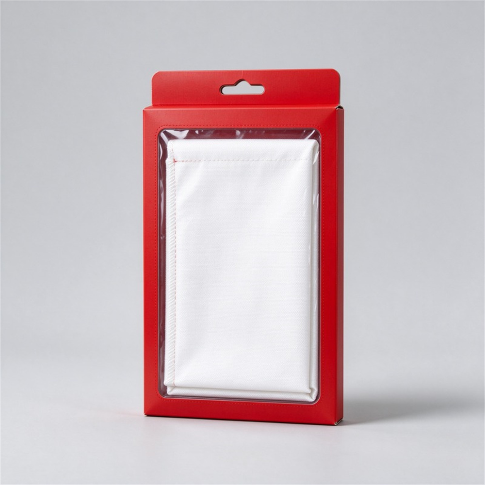 Square product shot of a white cardboard fire blanket box standing closed on light gray background, hang tab at top, usage diagram printed on front panel, clean packaging display Square product shot of a white cardboard fire blanket box standing closed on light gray background, hang tab at top, usage diagram printed on front panel, clean packaging display