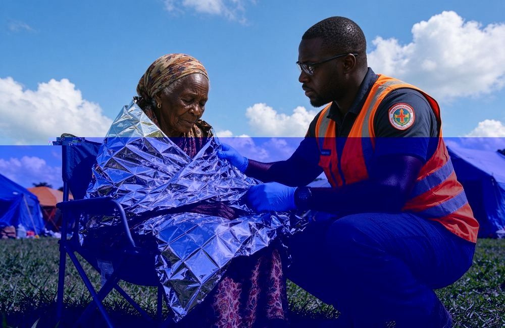 Rescue worker wrapping a survivor in a silver foil first aid blanket at a bright outdoor triage point, showing first aid blankets bulk in emergency response