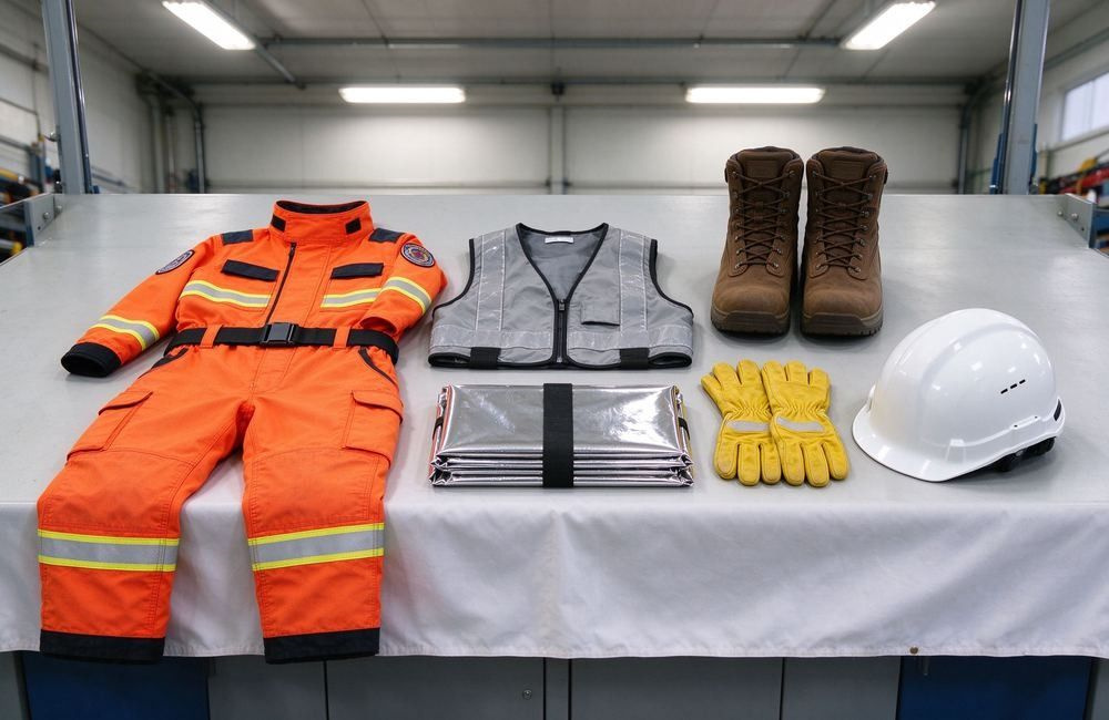 Complete responder gear kit laid out with protective coverall, high-visibility vest, gloves, work boots and foil blanket, showing responder gear wholesale kit composition