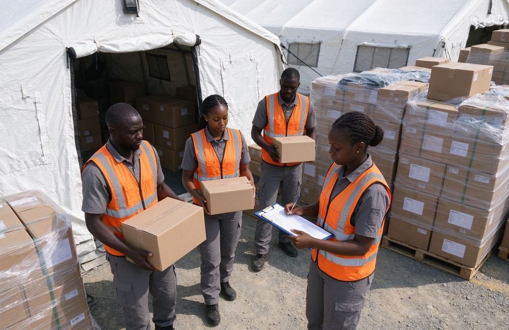 African field team in coordinated workwear with high-visibility vests working on a relief site, showing workwear for field teams in daily operations
