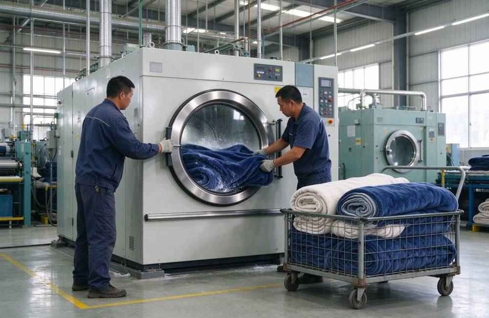 Industrial laundry machines washing responder workwear after field missions, showing responder gear care and reuse planning for long deployments and washing cycles