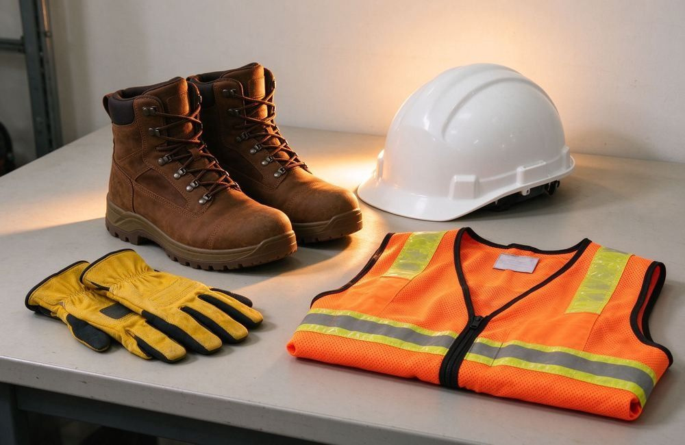 Responder work boots, gloves and safety helmet arranged as a kit on a bright workbench, showing work boots and accessories in responder gear sets