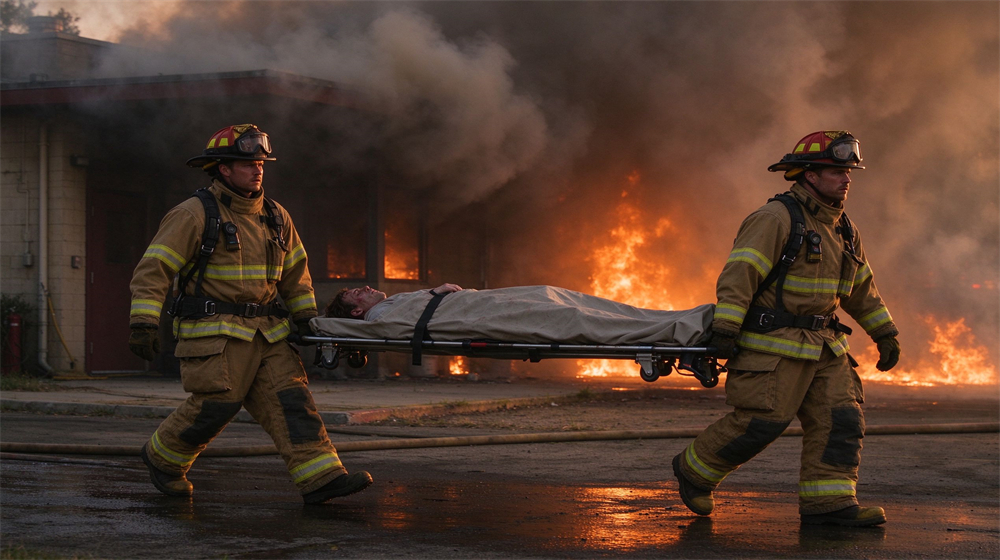 Wide dramatic outdoor shot of two Caucasian firefighters in tan turnout gear carrying a covered casualty on a stretcher away from a burning building, orange flame and thick smoke behind, golden hour lighting, different male faces, no visible wounds Wide dramatic outdoor shot of two Caucasian firefighters in tan turnout gear carrying a covered casualty on a stretcher away from a burning building, orange flame and thick smoke behind, golden hour lighting, different male faces, no visible wounds