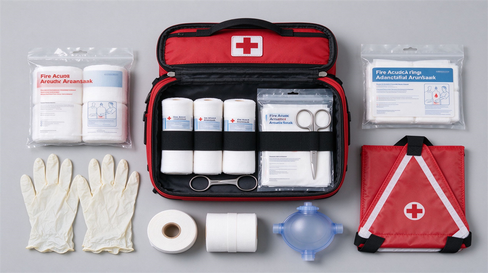 Top-down flat lay of a complete fire emergency first aid trauma kit on light gray background with red bag open, sterile gauze rolls, burn dressings, scissors, gloves, CPR mask and bandages neatly arranged, product fills eighty percent