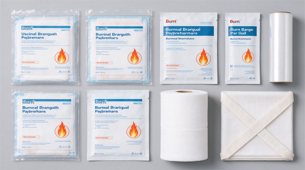 Studio product shot of burn care supplies arranged on light gray background with sterile burn dressings in clear packaging, burn gel packets, non adherent gauze rolls, cling film roll and triangular bandage, English labeled packaging