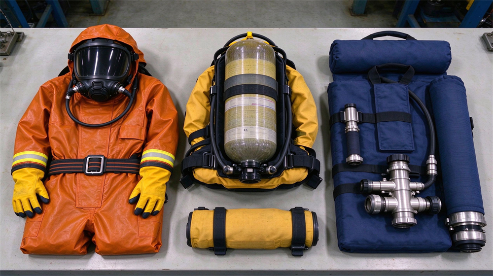 Top-down flat lay of three industrial emergency response kit sets side by side on light gray background: yellow hazmat suit bundle, black SCBA unit, orange foam nozzle kit, strong color contrast studio lighting Top-down flat lay of three industrial emergency response kit sets side by side on light gray background: yellow hazmat suit bundle, black SCBA unit, orange foam nozzle kit, strong color contrast studio lighting