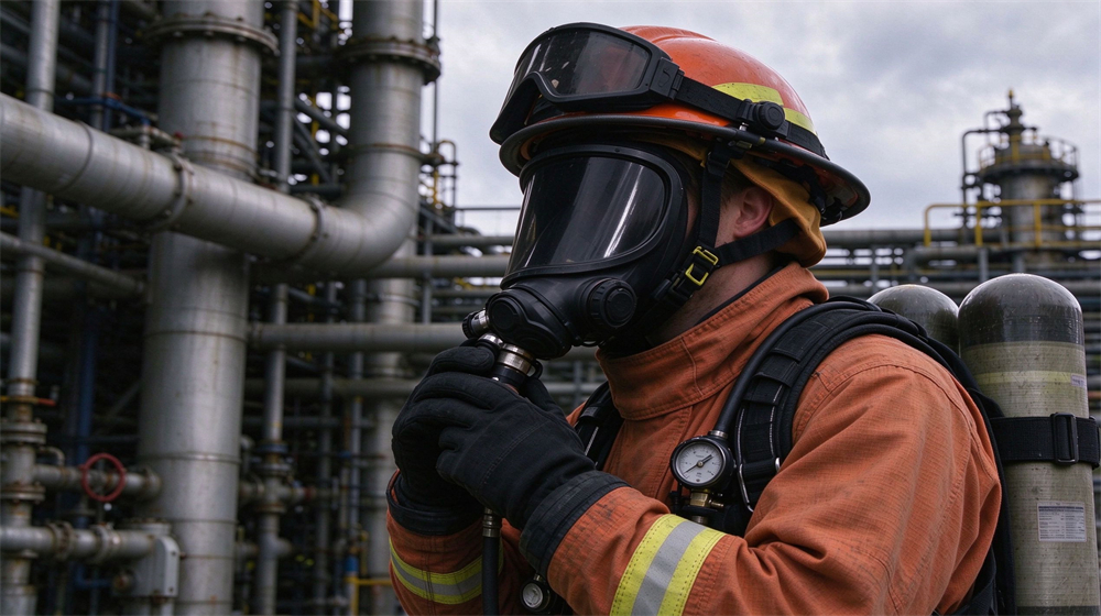 Rear studio shot of a black extended duration self contained breathing apparatus with two carbon fiber cylinders strapped to back frame, pressure regulator and gauge clearly visible, light gray background Rear studio shot of a black extended duration self contained breathing apparatus with two carbon fiber cylinders strapped to back frame, pressure regulator and gauge clearly visible, light gray background
