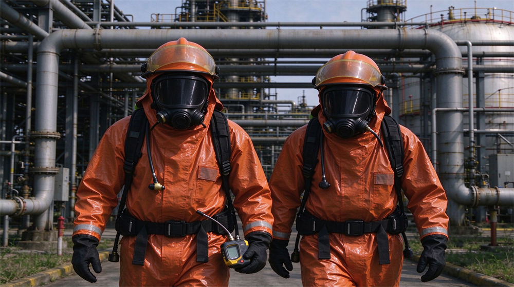 Two male rescue workers in black SCBA and yellow chemical protective suits entering a chemical plant pipe rack area, one holding a portable gas detector, daytime industrial setting with storage vessels behind Two male rescue workers in black SCBA and yellow chemical protective suits entering a chemical plant pipe rack area, one holding a portable gas detector, daytime industrial setting with storage vessels behind
