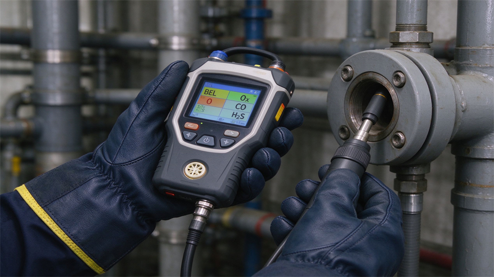 Close-up studio shot of a handheld multi gas detector with color LCD screen showing LEL oxygen carbon monoxide hydrogen sulfide readings and PID sensor, black rubber housing with belt clip, light gray background Close-up studio shot of a handheld multi gas detector with color LCD screen showing LEL oxygen carbon monoxide hydrogen sulfide readings and PID sensor, black rubber housing with belt clip, light gray background