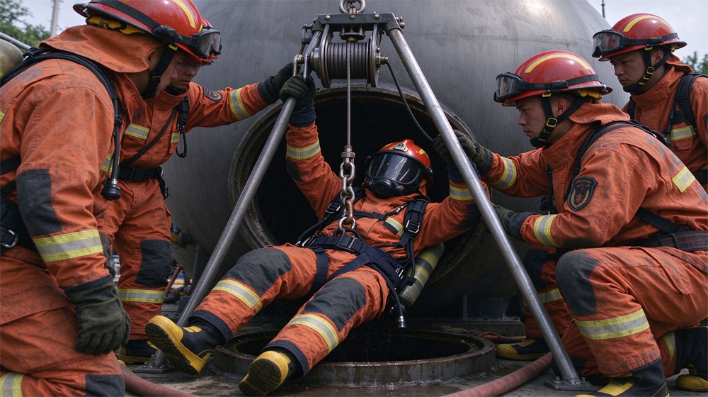 Daytime rescue operation at a chemical tank, three male workers in SCBA and harnesses, one being lifted out through the manway by tripod winch while two others assist at the rim, different faces fully masked Daytime rescue operation at a chemical tank, three male workers in SCBA and harnesses, one being lifted out through the manway by tripod winch while two others assist at the rim, different faces fully masked