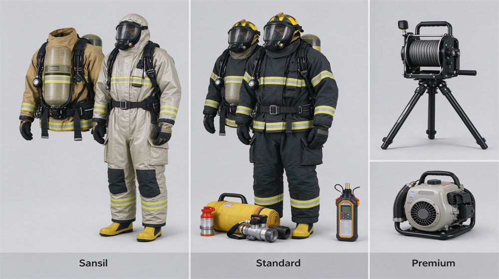 Side by side comparison of three equipment package tiers on light gray background: basic SCBA and suit set, standard with foam and gas detector, premium adding tripod and blower, English labels between columns Side by side comparison of three equipment package tiers on light gray background: basic SCBA and suit set, standard with foam and gas detector, premium adding tripod and blower, English labels between columns