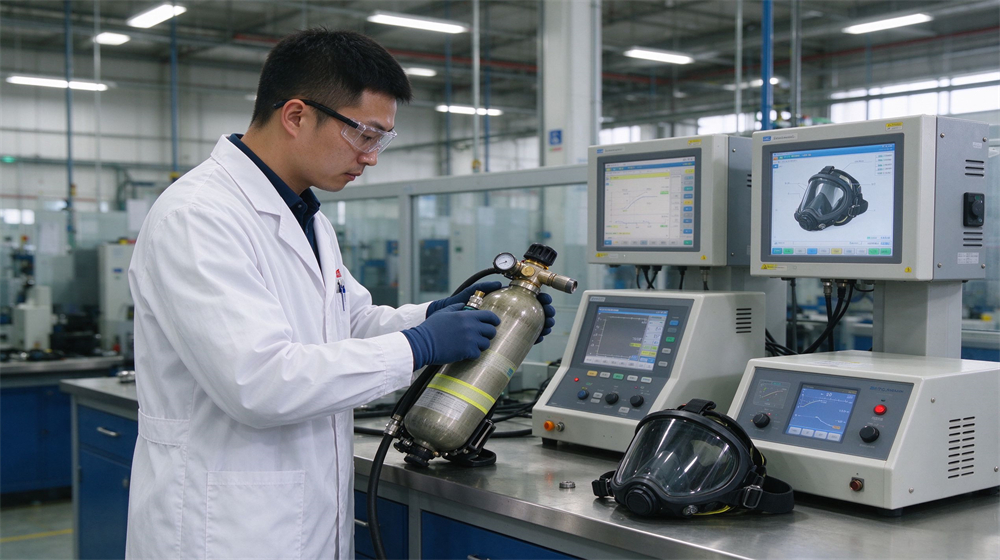 Asian male quality control inspector in a clean laboratory operating test bench equipment to check SCBA cylinder pressure and face mask seal, digital display and stainless steel worktable, no calipers or pliers Asian male quality control inspector in a clean laboratory operating test bench equipment to check SCBA cylinder pressure and face mask seal, digital display and stainless steel worktable, no calipers or pliers