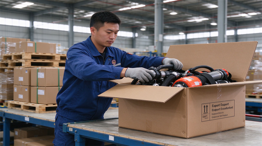 Bright export warehouse scene with an Asian male worker packing industrial rescue gear into brown cartons printed with English shipping labels, pallet and stretch wrap in background