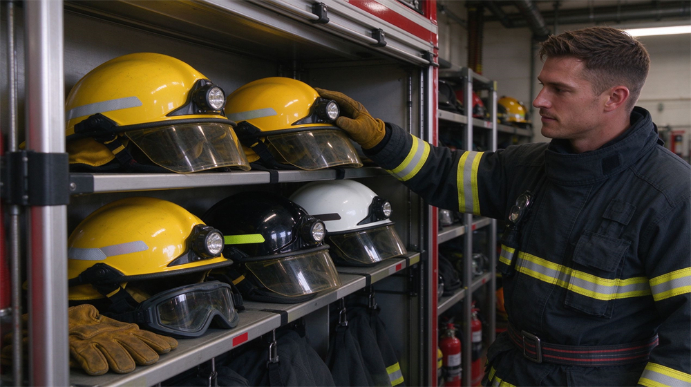 Three quarter front studio shot of a yellow industrial fire helmet with clear visor, lamp mount and neck flap, matte yellow shell on light gray background
