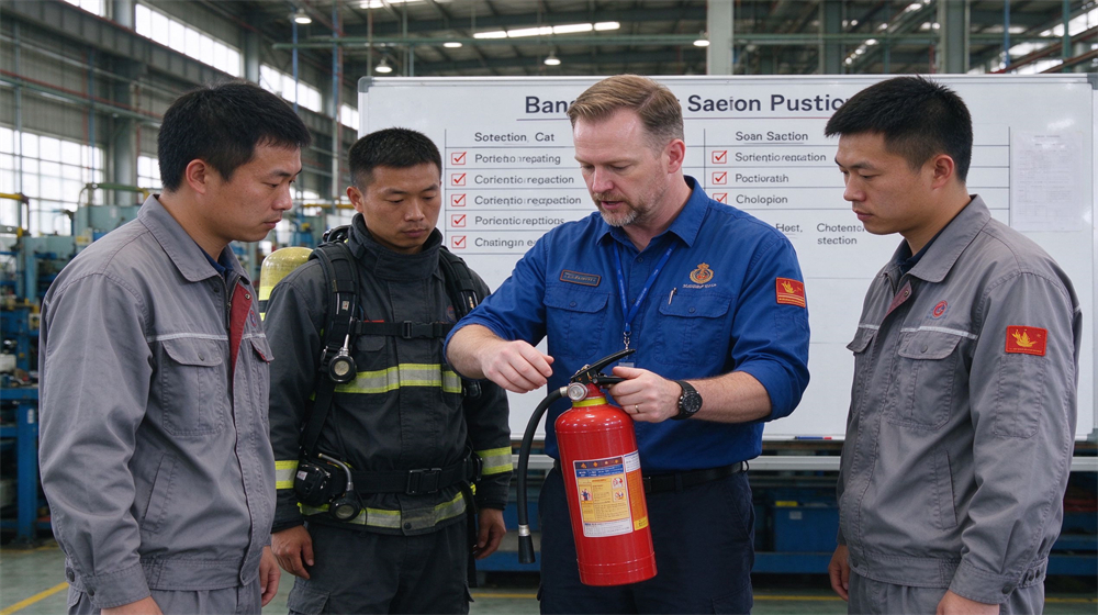Bright indoor training room in a factory, a Caucasian instructor demonstrating extinguisher and SCBA use to a mixed group of Asian workers, a white safety checklist board visible in background Bright indoor training room in a factory, a Caucasian instructor demonstrating extinguisher and SCBA use to a mixed group of Asian workers, a white safety checklist board visible in background