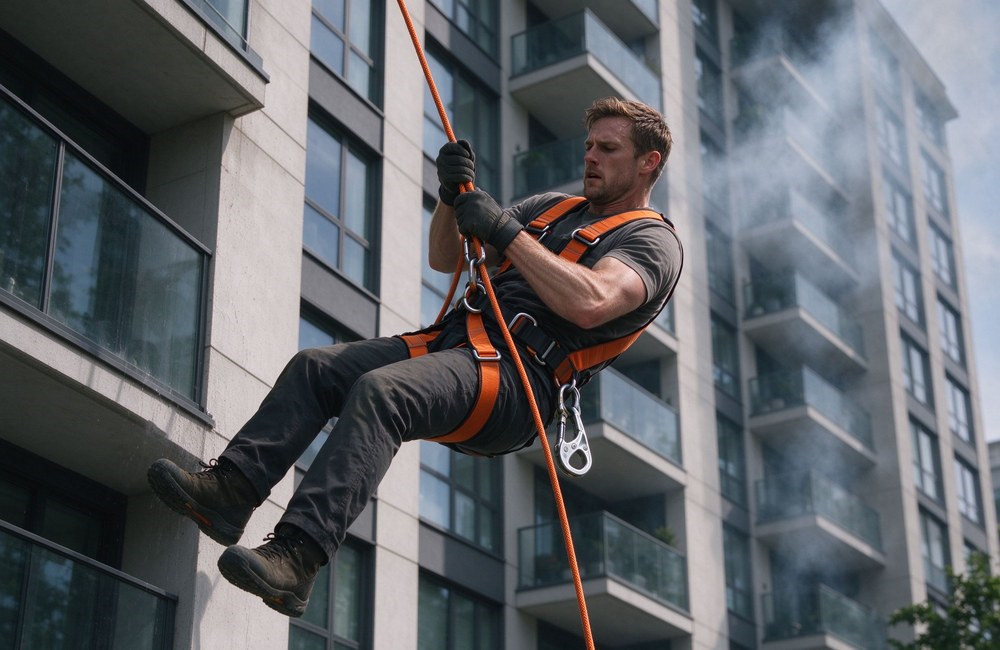 Wide shot of a rescuer in an orange full body safety harness rappelling down the concrete facade of a high-rise building on a thick orange kernmantle fire escape rope, daylight urban scene, chest D-ring visible with locking carabiner clipped