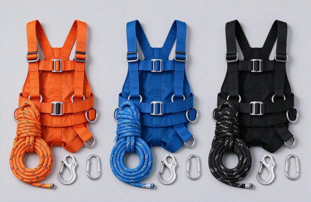 Studio product lineup on light gray background showing three complete fire escape rope and safety harness kits in orange, blue and black, each with full body harness, coiled kernmantle static rope, figure 8 descender and aluminum carabiner