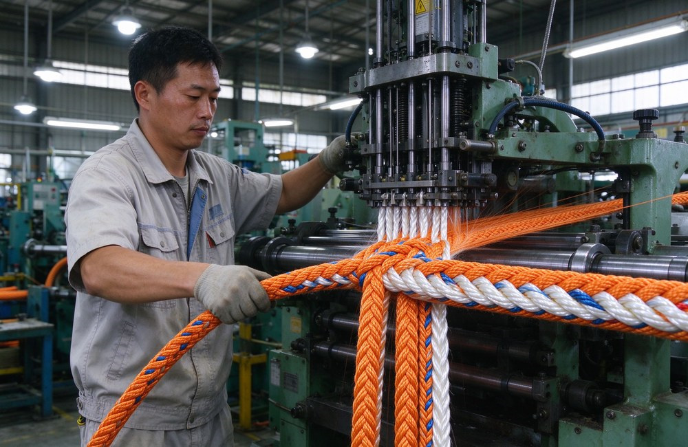 Medium shot of a factory worker in blue uniform operating a large braiding machine weaving orange kernmantle fire escape rope, polyester yarn spools visible, industrial rope production floor, tight diamond braid sheath forming