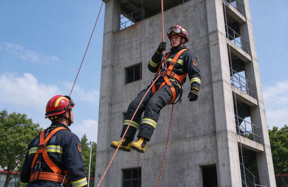 Wide shot of a firefighter in dark turnout gear and orange safety harness descending a concrete training tower on a thick kernmantle fire escape rope, figure 8 descender clipped to chest D-ring, bright outdoor daylight