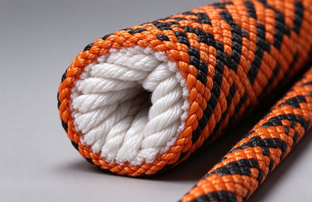 Macro close-up of a cut orange kernmantle fire escape rope cross section revealing the white inner core fibers and tightly braided colored outer sheath, clean white surface Macro close-up of a cut orange kernmantle fire escape rope cross section revealing the white inner core fibers and tightly braided colored outer sheath, clean white surface