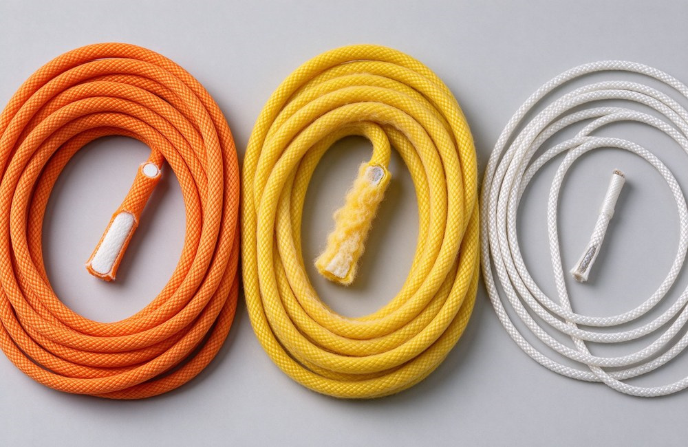 Overhead comparison display on light gray background showing three kernmantle rope types side by side, orange static rope with low stretch, yellow dynamic rope with high elasticity and white thin accessory cord, each with visible core and sheath cross section