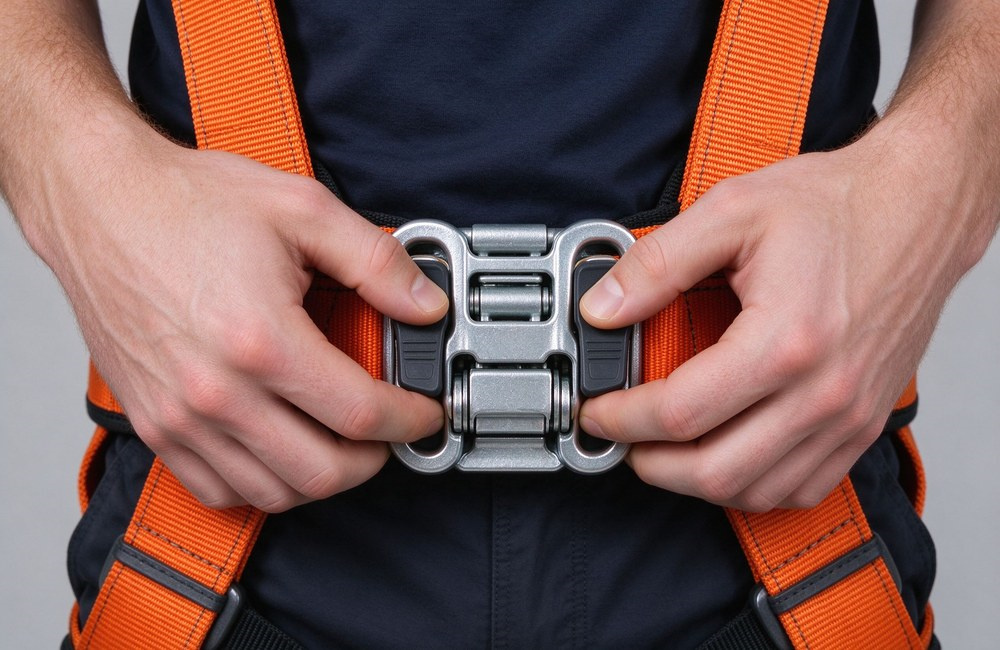 Macro close-up of a black double-lock quick-connect buckle on an orange safety harness shoulder strap, showing the two-release latch mechanism stitched to high-tenacity polyester webbing, clean light gray background Macro close-up of a black double-lock quick-connect buckle on an orange safety harness shoulder strap, showing the two-release latch mechanism stitched to high-tenacity polyester webbing, clean light gray background