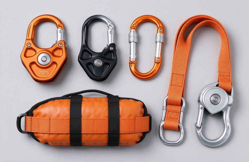 Overhead flat lay on light gray background showing a complete descender and connector accessory system including orange figure 8 descender, horn descender, steel O-shaped carabiner, aluminum D-shaped carabiner, orange energy absorber lanyard, 2 meter webbing lanyard and universal pulley Overhead flat lay on light gray background showing a complete descender and connector accessory system including orange figure 8 descender, horn descender, steel O-shaped carabiner, aluminum D-shaped carabiner, orange energy absorber lanyard, 2 meter webbing lanyard and universal pulley