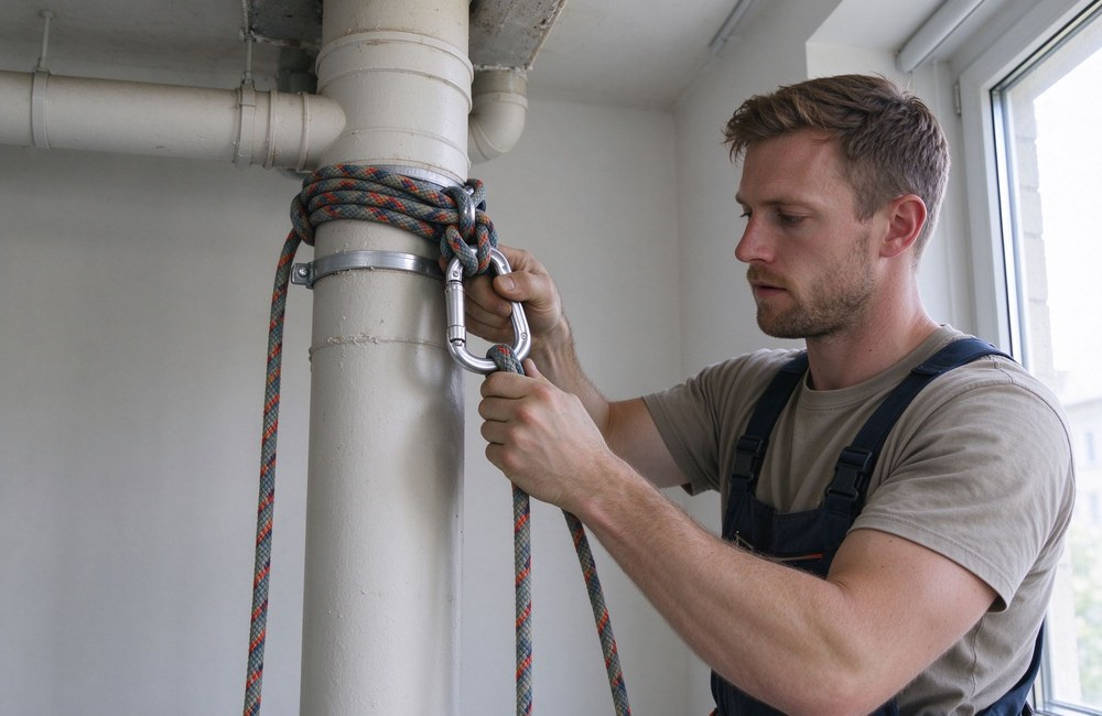 Medium shot at a high-rise window showing an orange kernmantle fire escape rope tied in a figure 8 follow-through knot around a thick steel heater pipe anchor point, rope dropping out the window, concrete wall interior Medium shot at a high-rise window showing an orange kernmantle fire escape rope tied in a figure 8 follow-through knot around a thick steel heater pipe anchor point, rope dropping out the window, concrete wall interior